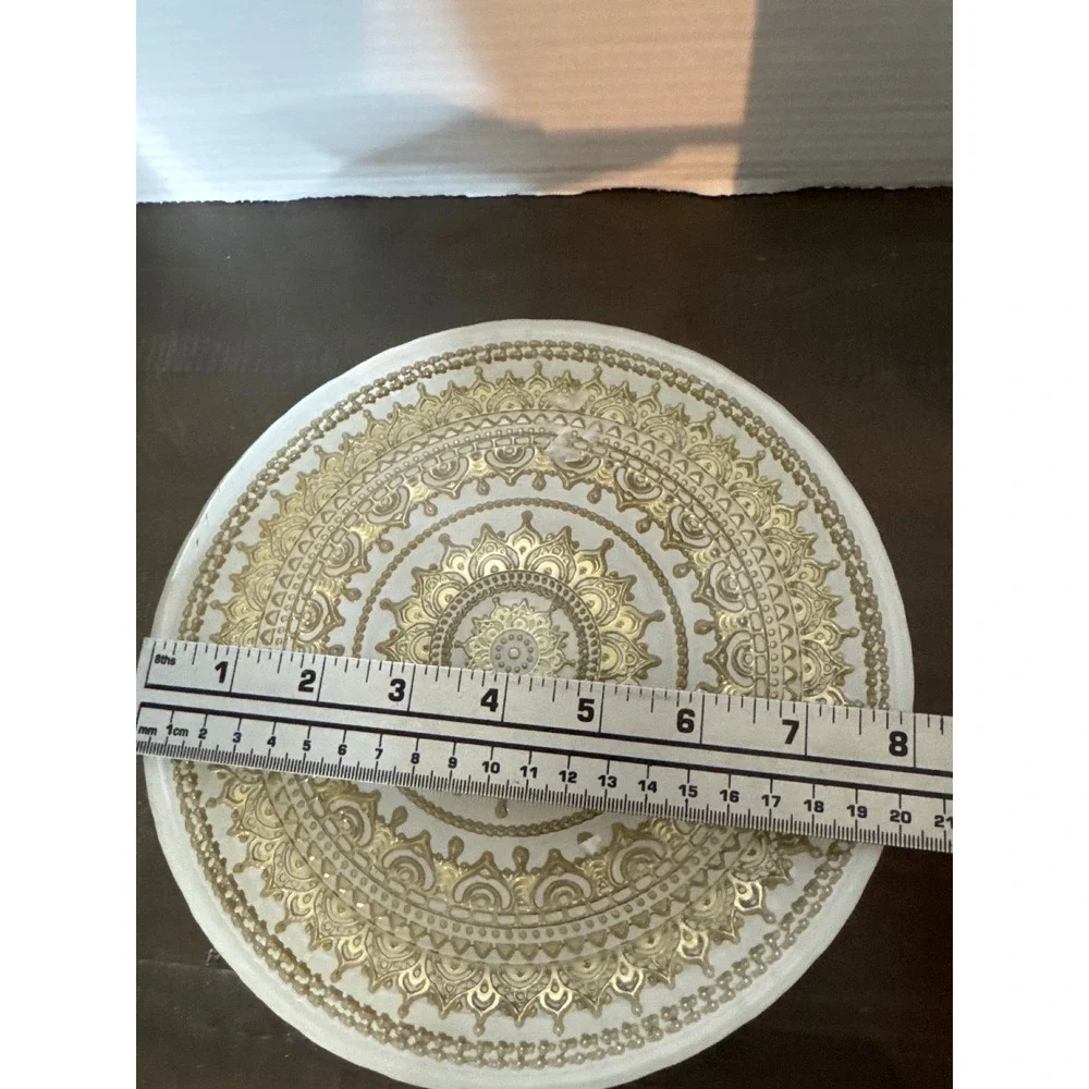 Gold Mandala Filigree Glass Cake Stand Round Clear Pedestal Dessert Plate 8in